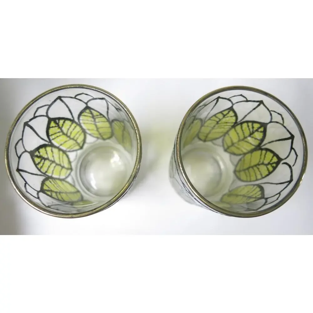 Vintage Continental Can Co Glasses Set 4 Stained Glass Leaf Gold Rim Retro